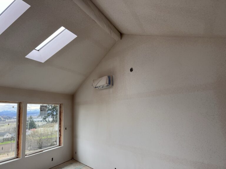 Finished new bedroom with vaulted ceiling, skylights and ductless mini-split in a garage-to-bedroom conversion